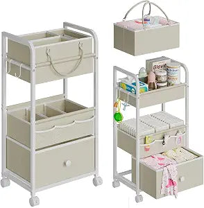Cidaziya 2In1 Baby Diaper Caddy Organizer and Storage, 3 Tier Rolling Cart with Drawer, Detachable Dividers, Mobile Utility Cart Baby Dresser Clothes Organizer for Baby Essentials, Bedroom, Nursery