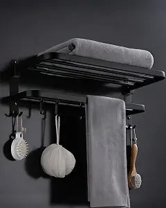 23.6'' Towel Rack for Bathroom,Foldable Wall Mounted Towel Shelf with Towel Bar Holder and 5 Hooks,Stainless Steel Towel Storage Organizer for Lavatory Shower Room,Matte Black