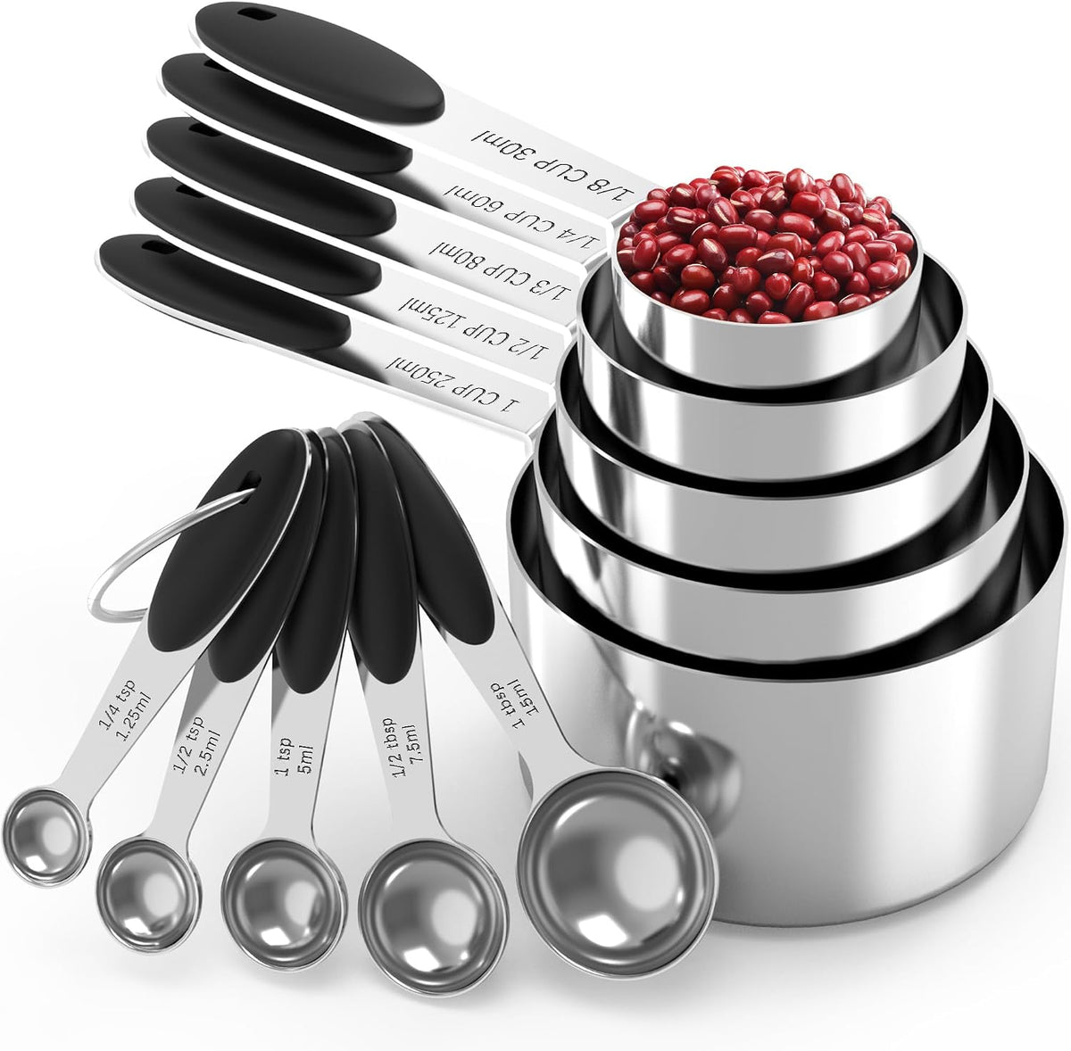 Stainless Steel Measuring Cups and Spoons Set with Silicone Handle - Nesting Design for Space-Saving, Heavy Duty & Dishwasher Safe for Dry/Liquid Ingredients, Cooking & Baking (10, Black)