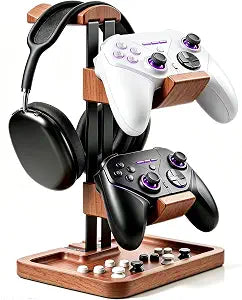 LOXP Walnut Headphone and Controller Stand, 2-in-1 Holder with Storage
