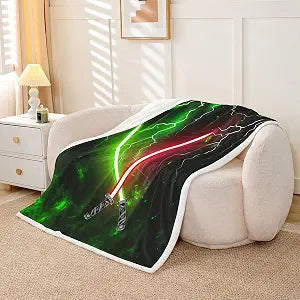 Castle Fairy Sword Flannel Blanket,Green Red Neon Light Glowing Lightning Fuzzy Blanket for Children Present,Boys Video Games Shiny Galaxy Polyester Throw Blanket for Couch, Twin Size (60 x 80 Inch)