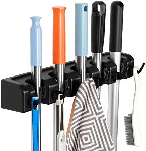 InPoTo Wall Mount Broom Holder 5 Slots 6 Hooks Mop Organizer Rack