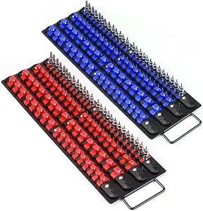 Mayouko 80-Piece Portable Socket Organizer Tray, 2 Pcs Set, Blue & Red, Tools Organizer 1/4-Inch, 3/8-Inch, 1/2-Inch, Heavy Duty Socket Holder, Black Rails, Blue & Red Clips