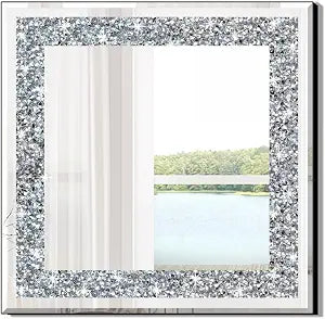 20" Square Crushed Diamond Silver Glass Mirror for Wall Decor