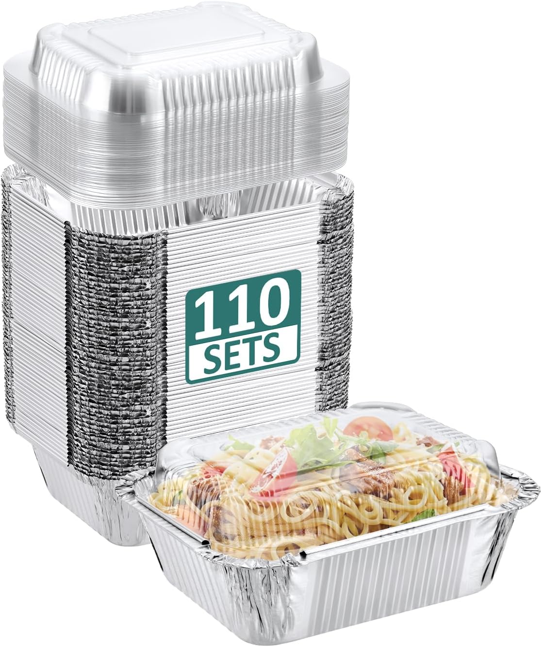 NEEBAKE 110 Pack 5x4 Disposable Small Aluminum Pans with Dome Lids - 1lb-Mini-Aluminum-Foil-Pans-Tin-Foil-Takeout-Trays-Food-To-Go-Containers-for-Meal-Prep-Cooking-Roasting-Heating-Baking