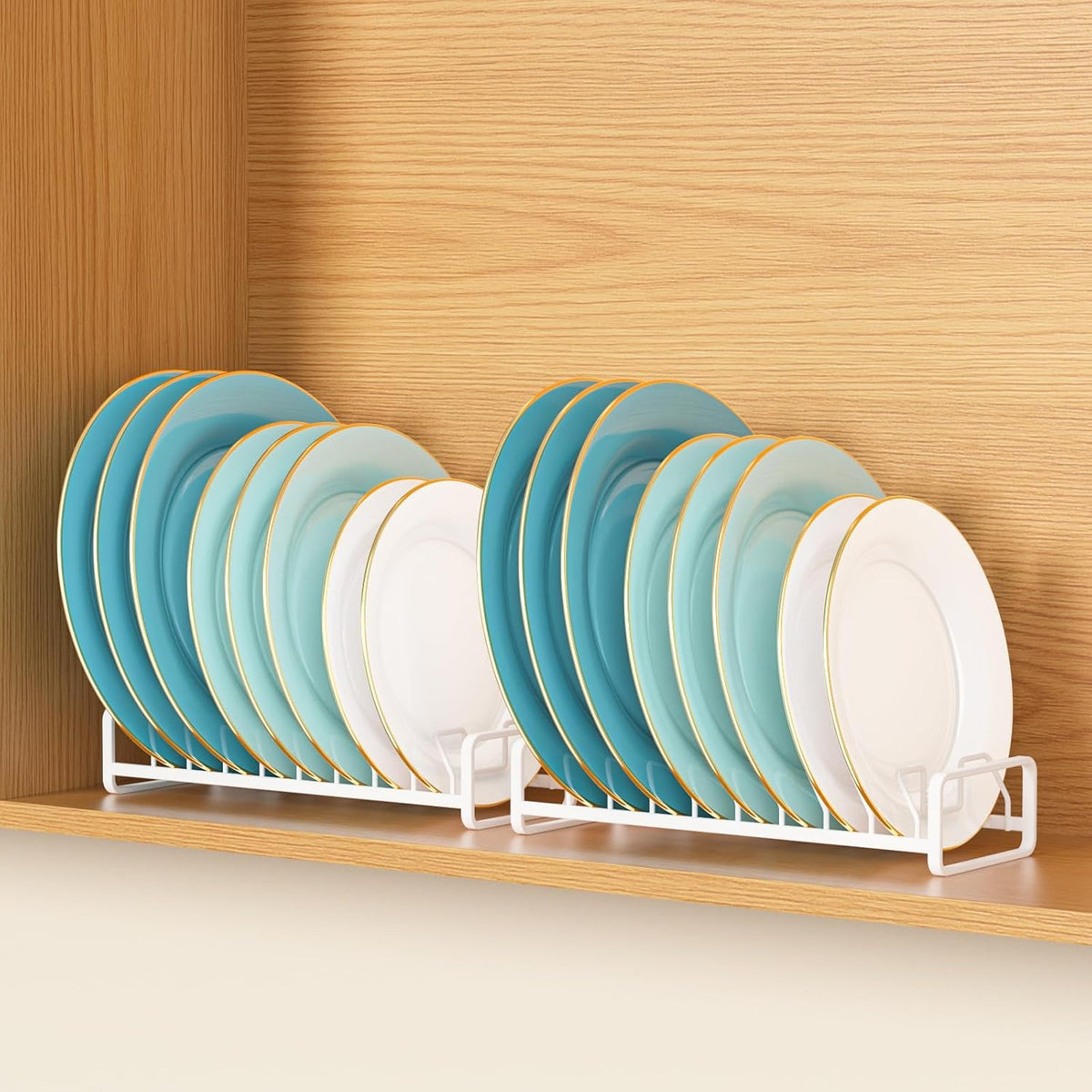 Plate Organizer for Cabinet -2Pack,Dish Rack Organizer for Cabinet Kitchen Countertop Drawer Space Saverï¼Œ8 Slots Vertical Dish Plate Holder Storage Rack, Kitchen Housewarming Gifts for Women (White)