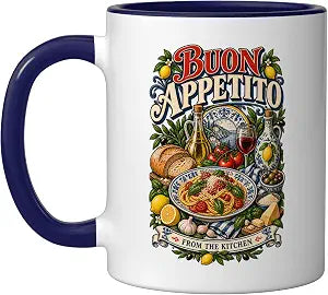 BUON APPETITO Italian Culinary Food Lover Kitchen Decor Ceramic Mug, Dark Blue/White, 11oz