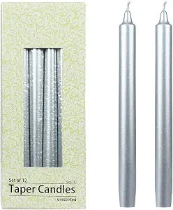 Zest Candle 12-Piece Taper Candles, 10-Inch, Metallic Silver Straight
