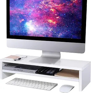 BEYGORM Monitor Stand Riser, White, 21.6 inch, 2 Tiers Wood Desk Shelf