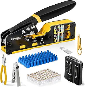 Ethernet Crimping Tool Kit RJ45 Crimp Tools,CAT5 Cat5e Cat6 RJ45 Crimping Tool Kit With Cable Tester, Multiply Stripper, Blades,50Pcs Cat 6 Pass Through Connectors and Strain Relief Boots