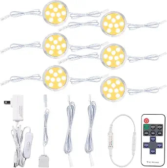 Closet Cupboard Bar Uplight Downlight Fixture, LED Under Cabinet Puck Lighting KIt, in Series Linkable, Smart Remote Control Dimmable, 120 Volt Wall Plug-in, 6 Lights, Warm White