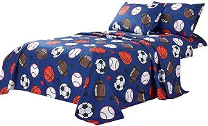 WPM WORLD PRODUCTS MART Kids Collection Bedding Piece Blue Full Size Sheet Set with Flat Fitted Sheets Pillow sham Design (Football, Full Sheet Set)