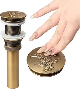 Pop-Up Sink Drain - Antique Brass Bathroom Basin Stopper with Engraved Floral Design, Quick Drainage & Removable Strainer (Solid Brass Press and Bounce Mechanism)
