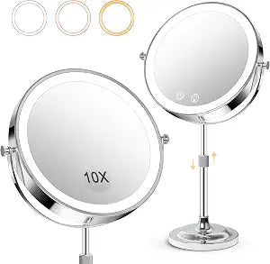 8" Makeup Mirror with Lights,4000mAh Rechargeable Vanity Mirror,1X/10X Double Sided Magnifying Mirror with Adjustable Height, 3 Colors Stepless Dimming Lighted Makeup Mirror,Women Gift