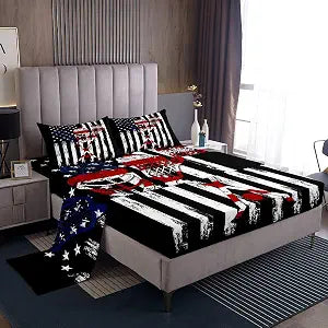 Homewish Lacrosse Boys Bed Sheet Set for Boys Girls,Ball Sports Games Themed Bed Sheet Set Full Size Bedding Set,Stars Stripes American Flag Black Fitted Sheet and 1 Flat, 2 Pillow Sham