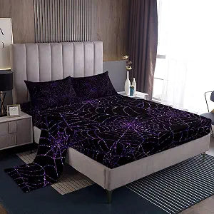 Spider Web Sheet Set Twin Size Geometric Purple Glitter Lines Bedding Set 3Pcs Halloween Bed Sheet for Kids Girls Boys Women Room Decor Exotic Hippie Black Fitted + Flat Sheet,1 Pillowcase