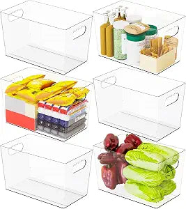 6 Pack Plastic Clear Bins for Organizing- With Handle -11 Large Pantry Organizer Bins for Shelves Snack,Food or Cleaning Supplies,Fridge Organizers and Storage,Acrylic Kitchen Storage Containers