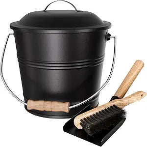 AMAGABELI GARDEN & HOME 1.5 Gallon Metal Ash Bucket with Lid Shovel Broom for Coal Ash Can Fire Pit Charcoal Fireplace Bucket Essential Tools for Indoor Outdoor Wood Burning Stove Hearth Accessories
