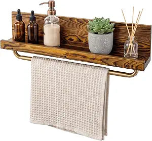MyGift 22-Inch Bathroom Shelf with Towel Bar, Burnt Wood & Gold Metal Pipe
