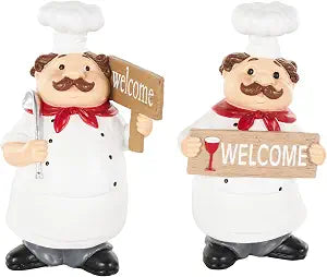 Deco 79 Polystone Chef Decorative Sculpture Kitchen Decorative Figurine Home Decor Statues with Welcome Signs, Set of 2 Accent Figurines 5", 8" H, White
