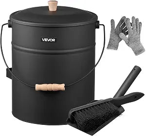 VEVOR Ash Bucket, 4 PCS with Lid, Shovel, Broom and Gloves, Metal Fireplace Charcoal Bucket and Ash Can, 4 GAL Large Capacity for Fireplace, Fire Pits, Wood Burning Stoves, Indoor and Outdoor