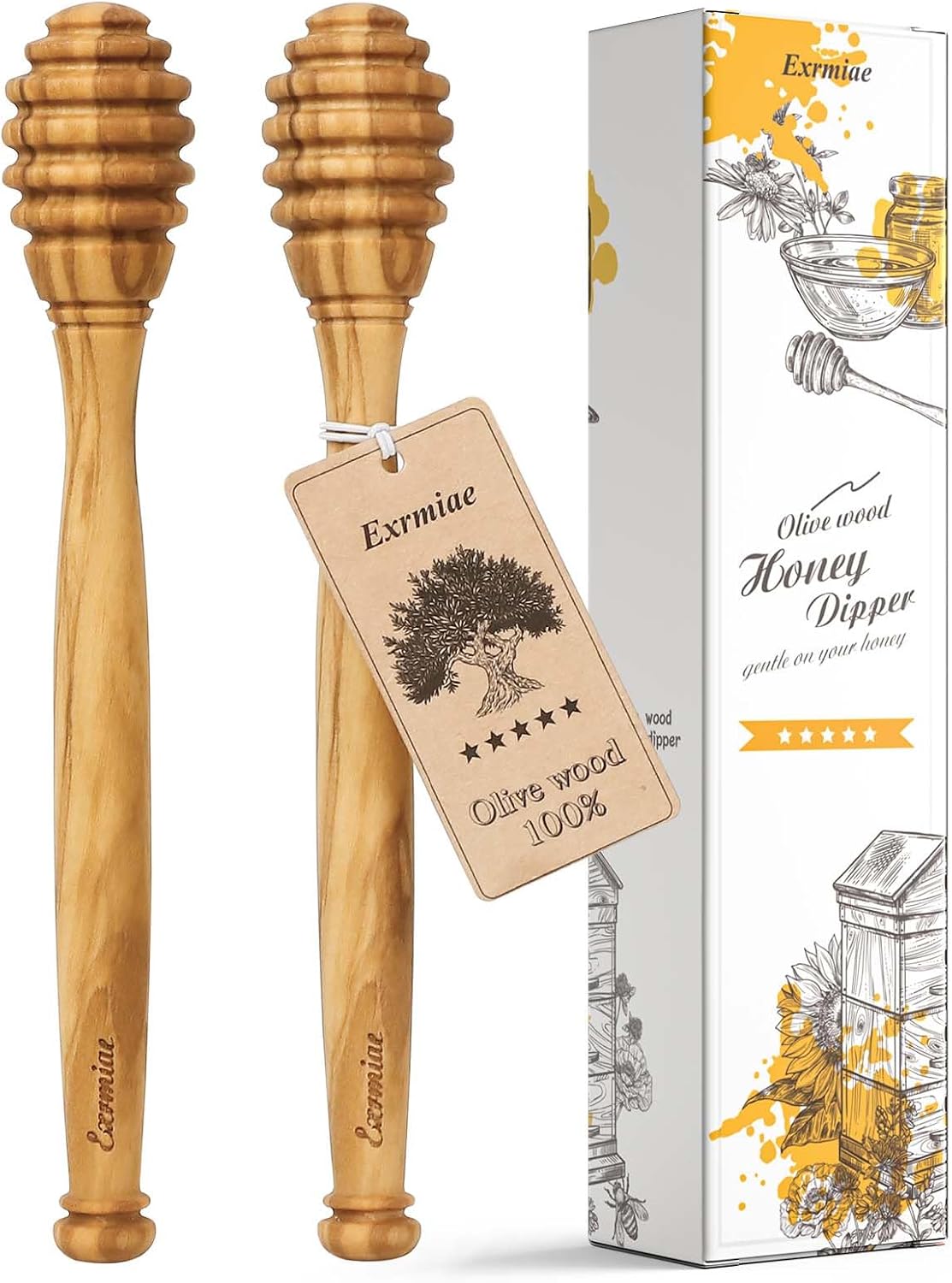 Olive Wood Honey Dipper/Stick Durable & Warp-Resistant, Preserves Honey Purity, 2pcs, 6.3 Inch
