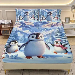 AILONEN Cute Cartoon Penguin Fitted Sheet Set Twin XL Size, 3Pcs Penguin Snow Printed Bedding Set for Kids Girls Boys,Antarctic Animal Bed Sheet Set for Bedroom Decor,1 Fitted Sheet + 2 Pillowcases