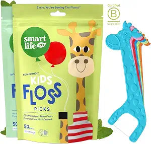 SmartLifeco Eco-Friendly Kids Flossers (100ct) - The Original Straw Wheat Dental Floss Picks for Children, Fluoride & PFA Free, Toothpick Flossing Sticks for Toddlers Teeth, No Shred Thread, Mint