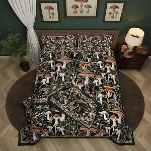 Mushroom Duvet Cover Set Queen Size Red Strawberry Trippy Mushrooms Comforter Cover for Jungle Rustic Wild Plants Palm Leaves Chic Home Bedding Quilt Cover 3 Pieces with 2 Pillowcases