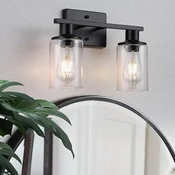 2-Light Matte Black Bathroom Vanity Light,Bathroom Light Fixtures Over Mirror with Clear Glass Shade,Modern Farmhouse Wall Sconces Lighting for Kitchen Living Room Cabinet