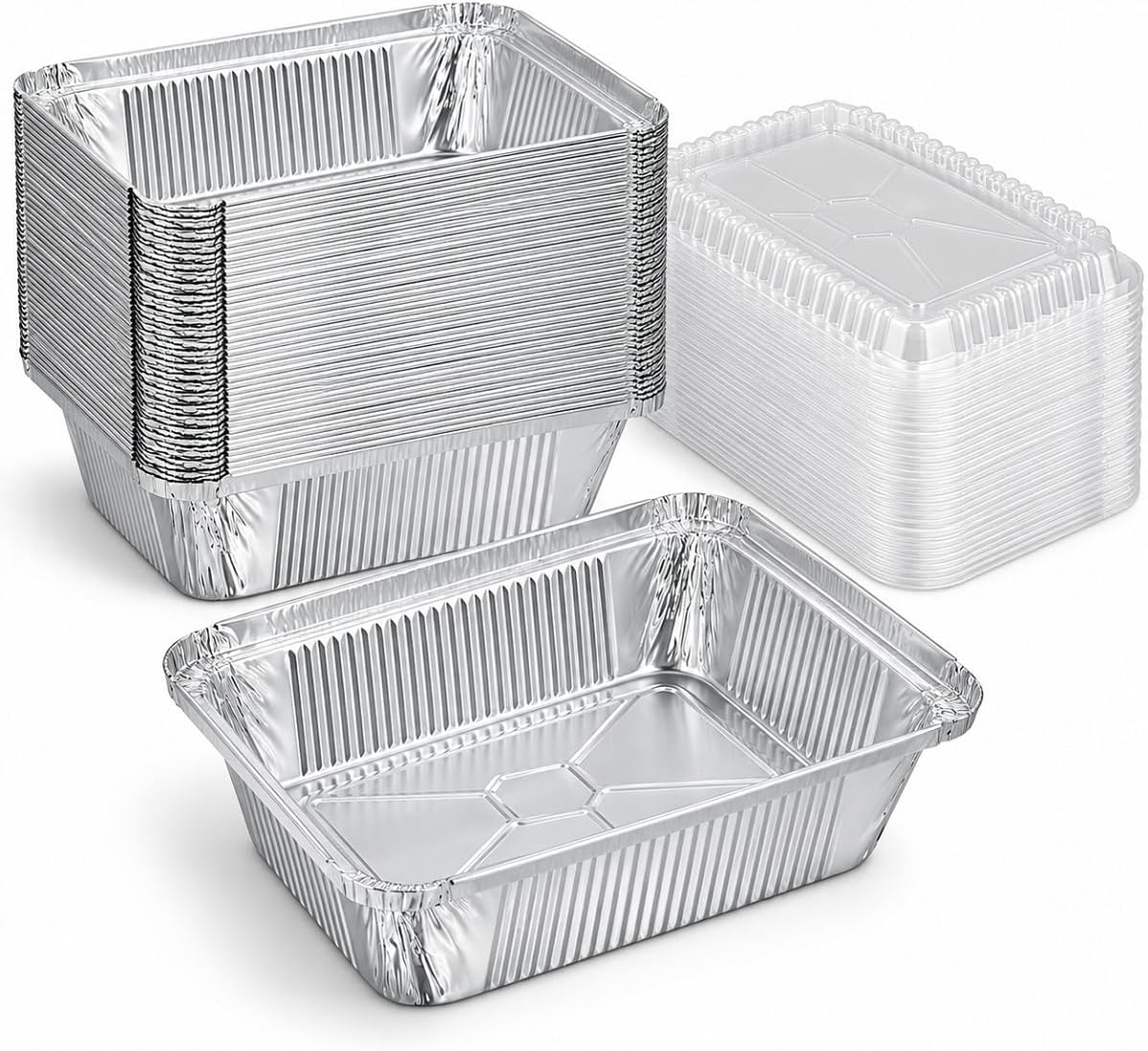50 Pack 2.25 lb Aluminum Foil Pans with Lids - 8x6 Disposable Foil Containers with Clear Covers, Heavy Duty Tin Pans for Meal Prep, Baking, Takeout & Leftovers (8" x 6" x 2")