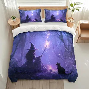 Witch with Cat Pattern Duvet Cover Set, 3 Piece Breathable Soft Bedding Set (1 Duvet Cover and 2 Pillowcases), Fashionable Comforter Cover Set Gift Bedroom Decoration
