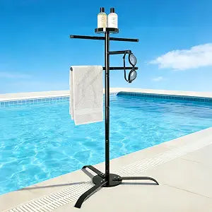 Pool Towel Rack Outdoor with Storage Tray, 61.6" Free Standing Hot Tub Towel Rack, Heavy Duty Pool Towel Holder for Towels, Swimsuits & Goggles, Pool Accessories for Backyard & Spa