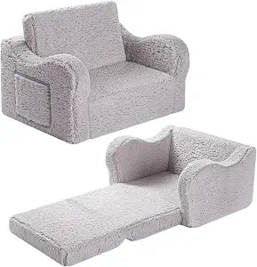 MOMCAYWEX Kids Sofa Chair, 2-in-1 Foldable Couch, Sherpa, Grey