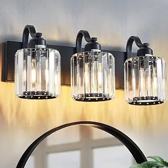 Modern 3-Lights Black Bathroom Vanity Light, Crystal Bathroom Lights Over Mirror, Modern Wall Lighting Fixtures with Crystal Round Shade (Exclude Bulb)