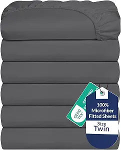 Microfiber Twin Fitted Sheet 6 Pack, Deep Pocket Up to 16 Inches - Grey