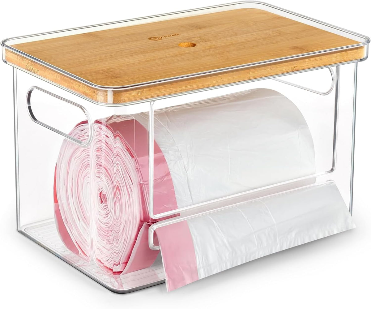 Stackable Trash Bag Dispenser with Wooden Top for Holding 13 to 30 Gallon Bag Sizes - Small Size Garbage Bag Holder with Anti-Slip Base, Trash Bag Dispenser Under Sink (10.8"x6.7"x6" inches)