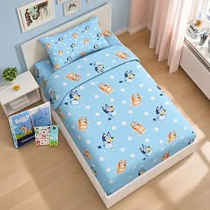 Bluey Twin Bedding Set - Bundle With Bed Sheets, Flat Sheet, Fitted Sheet, Pillowcase, and Stickers | For Boys and Girls