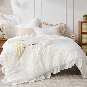JOLLYVOGUE White Comforters Queen Size, 3 Pieces Ruffle Seersucker Queen Comforter Set for All Season, Lightweight Soft Shabby Chic Bedding Sets for Women���1 Comforter, 2 Pillowshams���