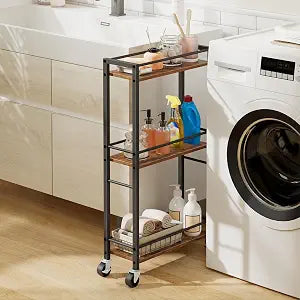 MAHANCRIS Slim Rolling Cart, Mobile Kitchen Cart on Wheels, Narrow Storage Cart for Small Space, Small Bar Cart, for Bathroom, Laundry, Living Room, Rustic Brown RCHR1501Z