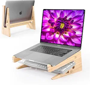 Wooden Laptop Stand for Desk, 2-in-1 Riser and Vertical Laptop Stand
