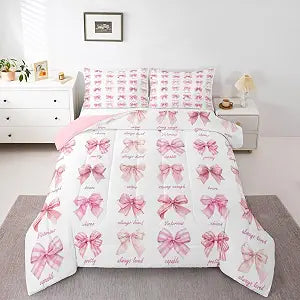 jejeloiu Pink Bow Comforter Set All Season Girls Bow Bedding Set with 1 Pillow Cases Cute Bowknot Microfiber Kids Twin Bedclothes Bedroom Decor Duvet Quilt Breathable Soft Lightweight