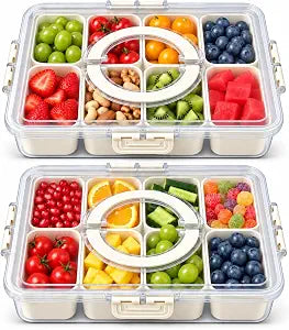 2 Pack Snackle Box Container with Lid & Handle, Microwave & Dishwasher Safe, 8 Compartment Snack Tray Organizer for Travel, Kids, Adults, Parties & Road Trips