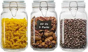 50oz Square Glass Food Storage Jars with Airtight Clamp Lids 3 Pack