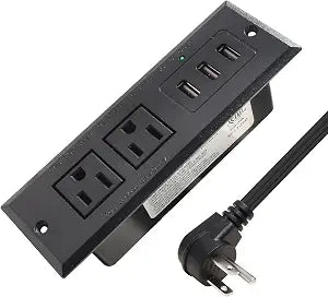 Desktop Recessed Power Strip with USB Flush Mount Power Socket 2 Outlets 3 USB Ports (15W/3A) Flat Plug Charge Station for Table Cabinet Sofa Counter