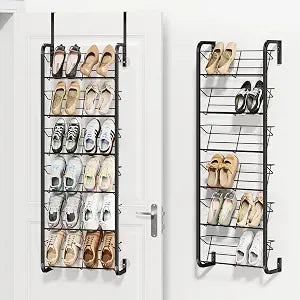 SWTYMIKI Over the Door Shoe Organizer - 6 Tier Wall Mount Shoe Rack for Door Storage- Heavy Duty Metal Hanging Shoes Shelf for Flats, Heels, Sneakers, Boots Black
