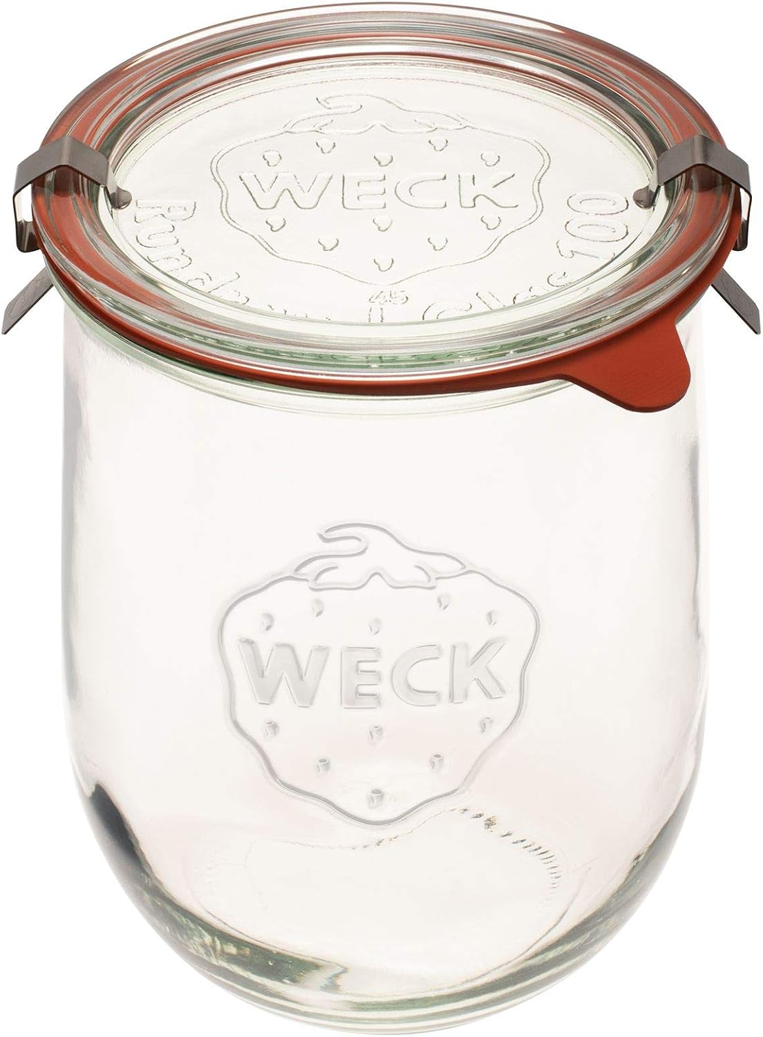 Weck Tulip Jar Rubber Sole & Two Metal Clamps Food Storage Jar Round Preserve Container Clear Preserving Seal Wire Clip Fastening Kitchen Canning Cereal Sugar Beans Spice - 33.8 fl. oz Single 1 liter