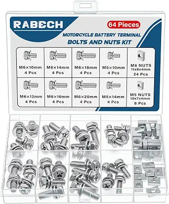 8Sizes Motorcycle Battery Bolts and Nuts Kit 304 Stainless Steel Battery Terminal Bolt Screws M6x10/12/14/16/18/20 M5x10/14 MM with Square Nut for ATV Bike Scooter