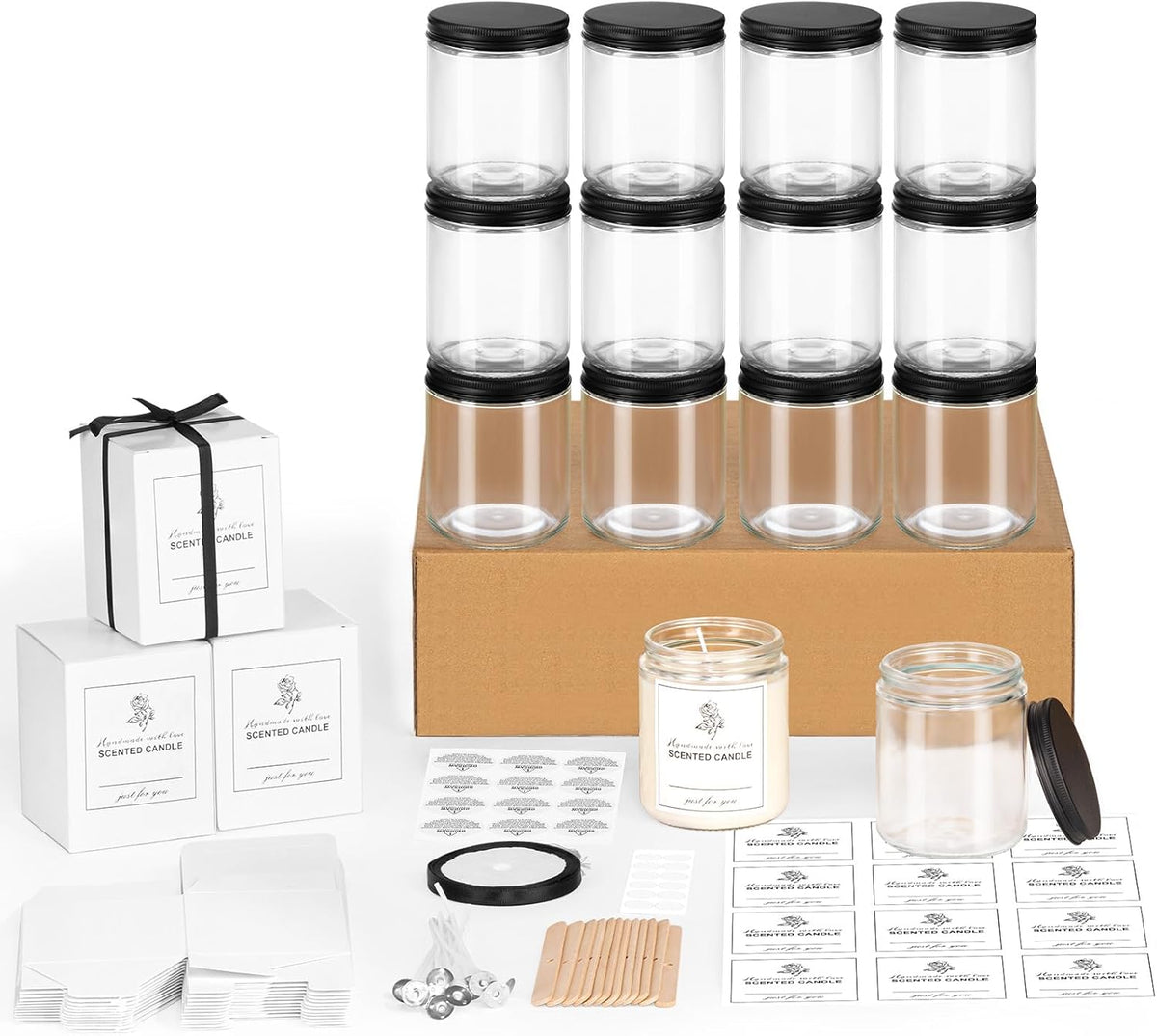 FavorFlavor 12 Pack 8 OZ Thick Clear Candle Jars For Making Candle, Thick Glass Jars with Lids - Empty Round Food Storage Containers, Canning Jar For Spice, Liquid, Sample - Leakproof & Food Grade
