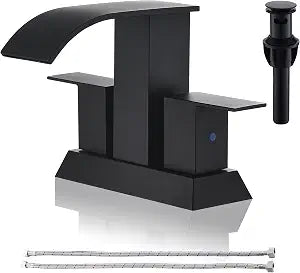 Black Waterfall Bathroom Faucet - 4Inch 2 or 3 Holes Centerset Faucet Bathroom | Two Handles Widespread Lavatory Vanity Sink Faucets with Overflow Pop-up Drain & Supply Lines Matte Black